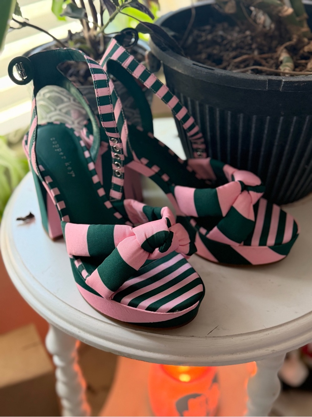 Copper Key Lux Striped Bow Platform Dress Sandals in pink and green.
